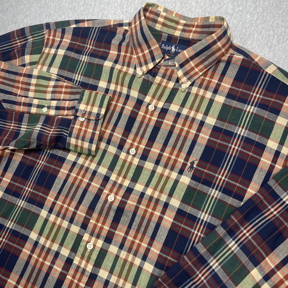 VTG Ralph Lauren Plaid Button Down Shirt Mens L Long Sleeve Blue Red Green 90s